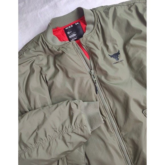 Under Armour Project Rock Bomber Jacket Olive Green MD M Loose Fit Storm Tech - Picture 1 of 11